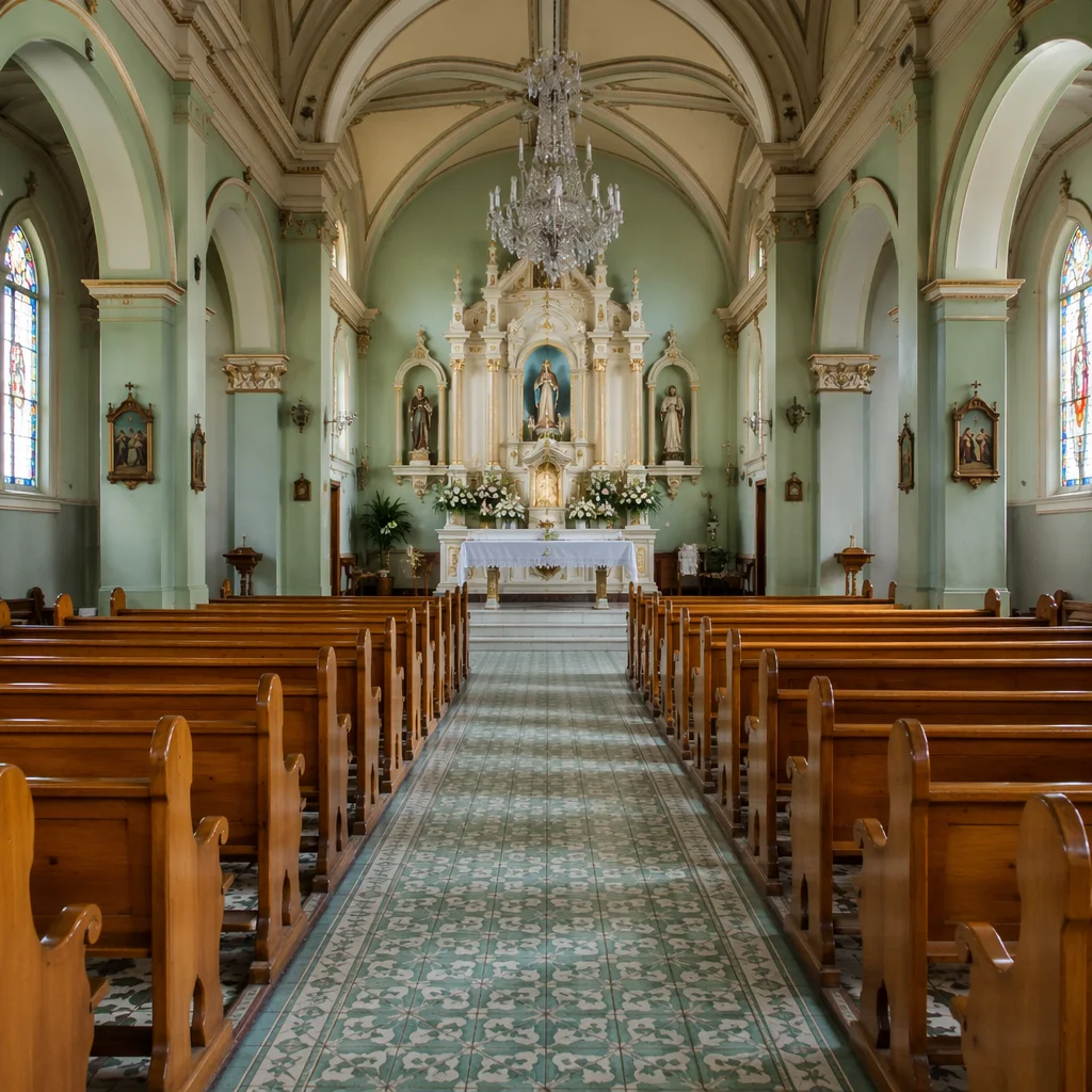 Historic Church Aisle Toward Ornate Altar