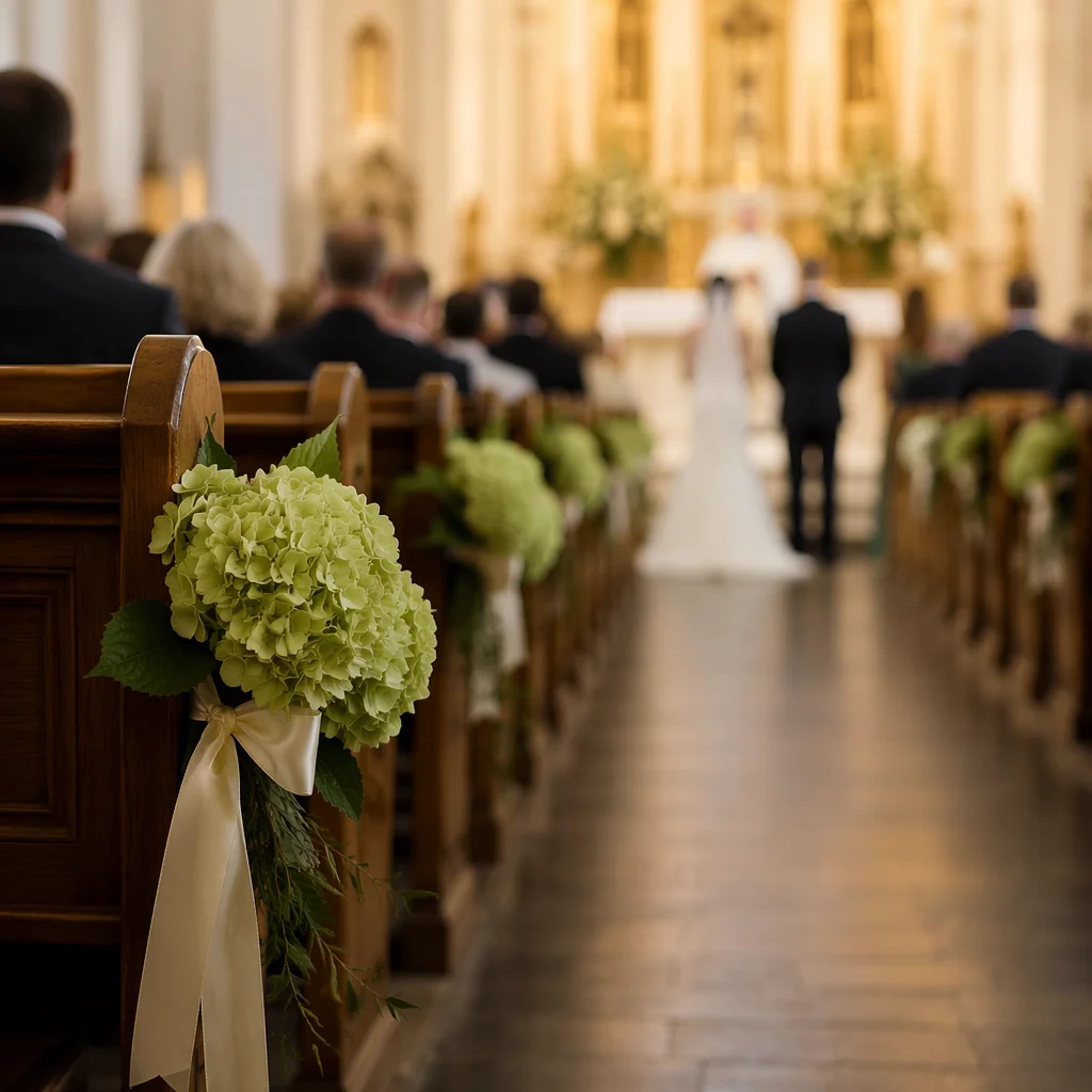 Wedding Church Aisle with Hydrangea Pew Decor