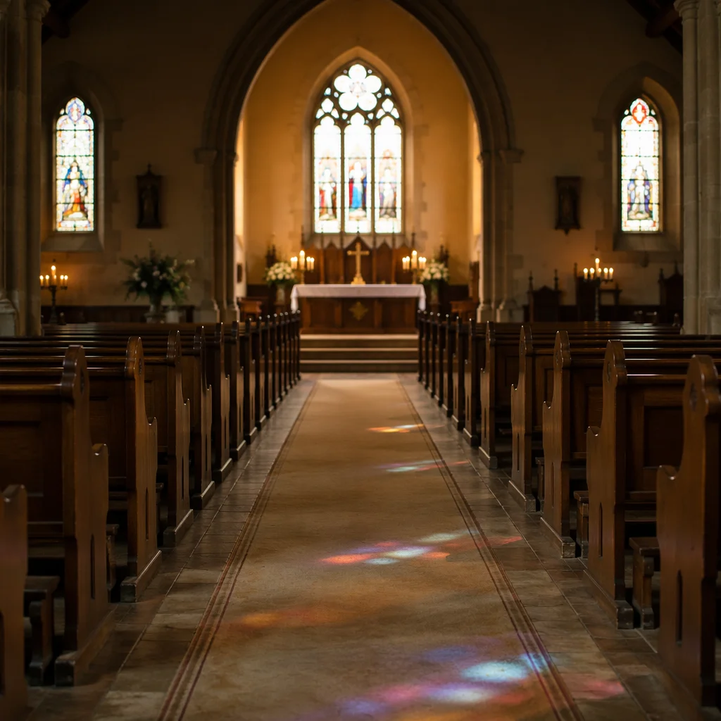 Sunlit Church Aisle Toward Simple Altar