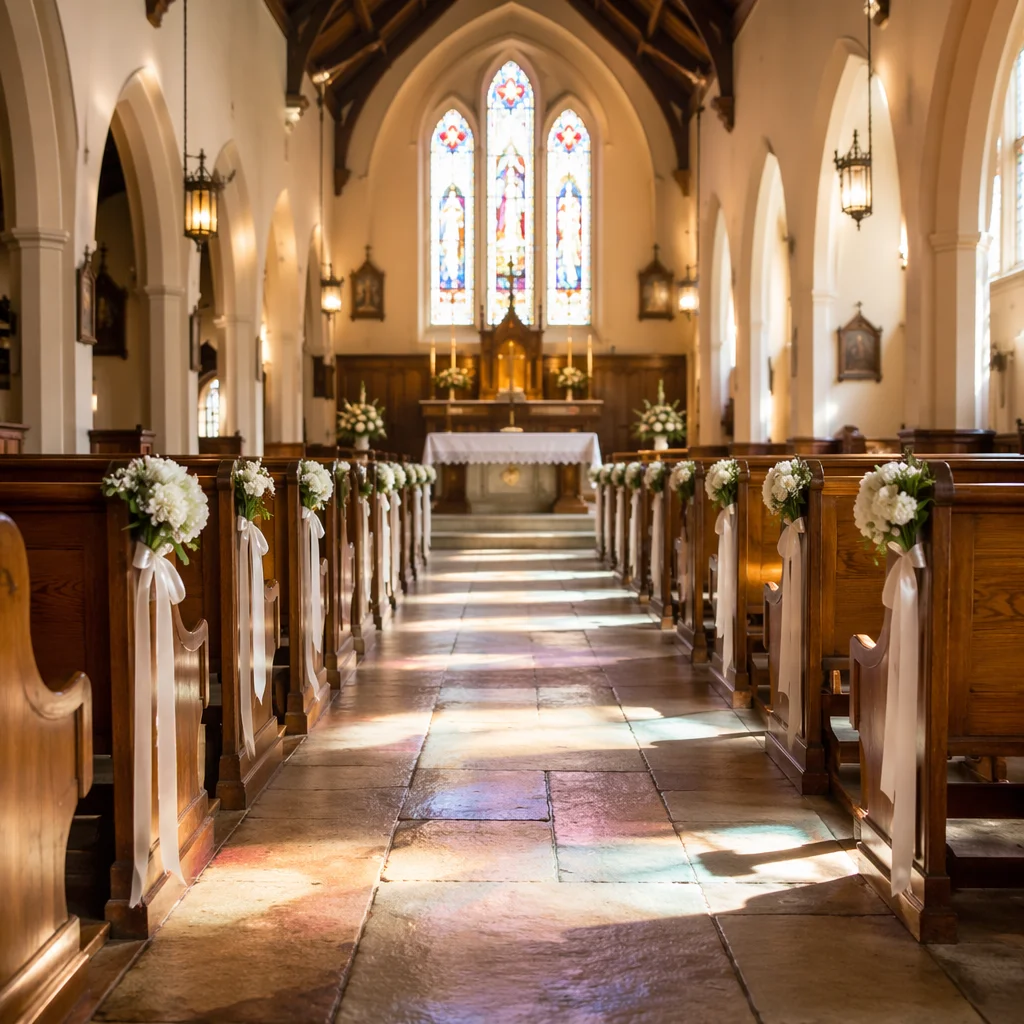 Quiet Church Aisle Toward Softly Lit Altar