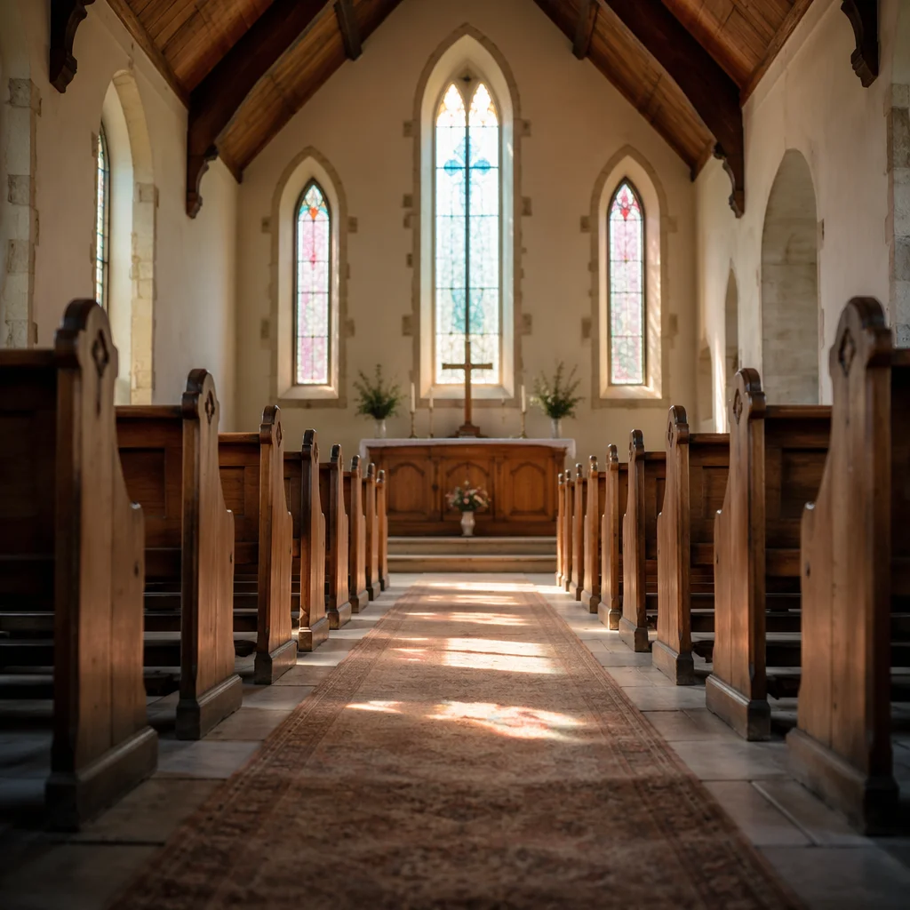 Countryside Church Aisle Toward Simple Altar