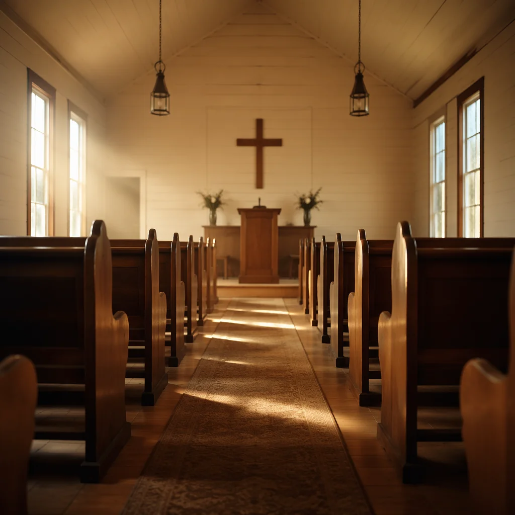 Quiet Chapel Aisle Toward Wooden Altar