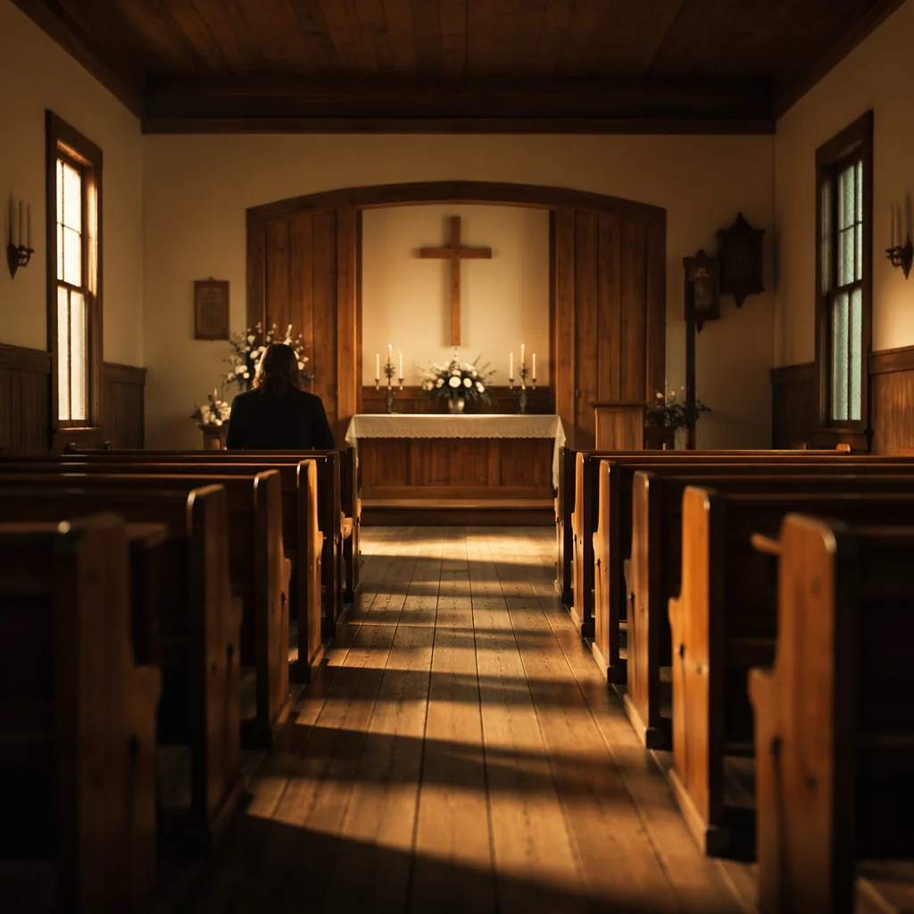 Sunlit Chapel Aisle Toward Wooden Altar