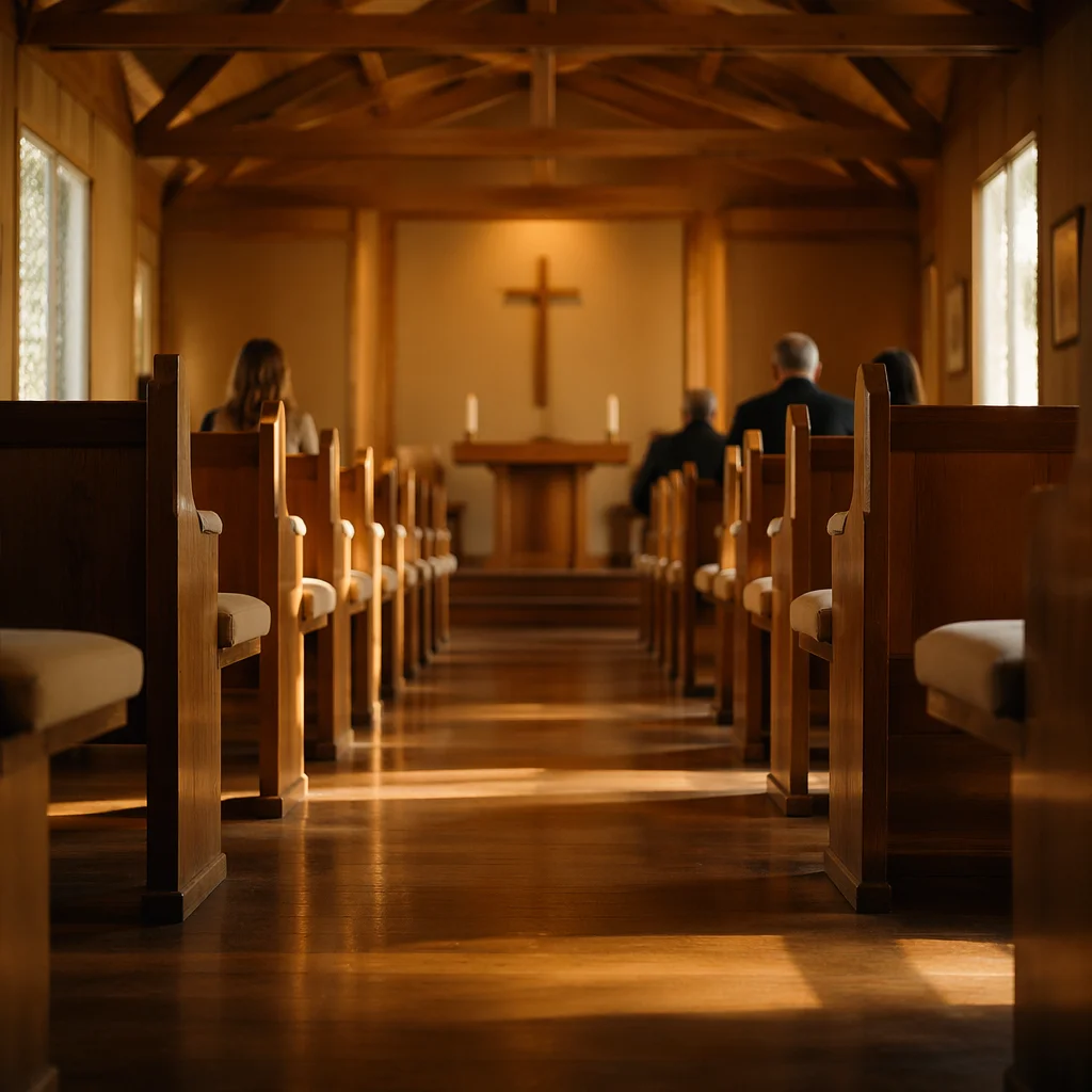 Quiet Chapel Aisle Toward Wooden Altar