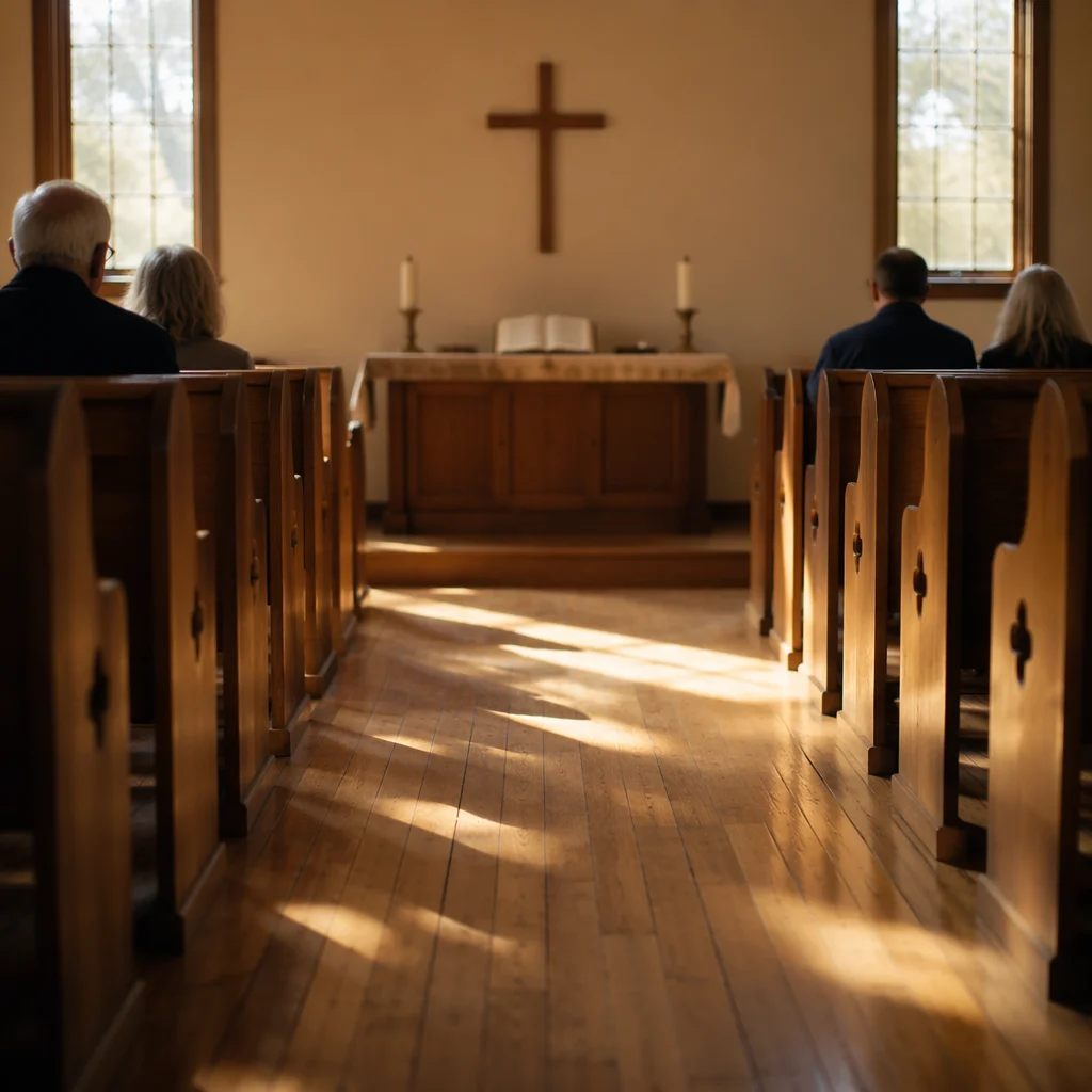 Quiet Church Aisle Toward Wooden Altar
