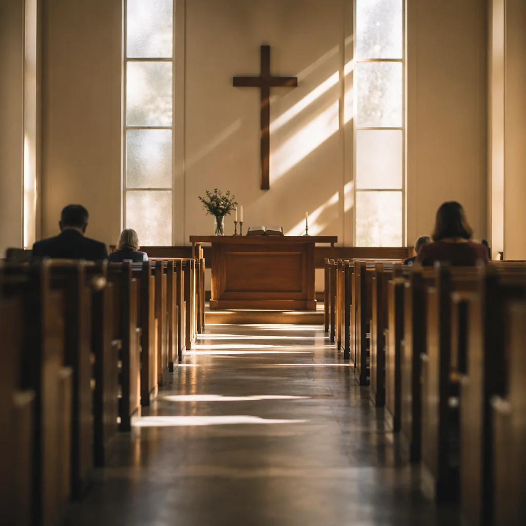 Quiet Church Aisle Toward Wooden Altar