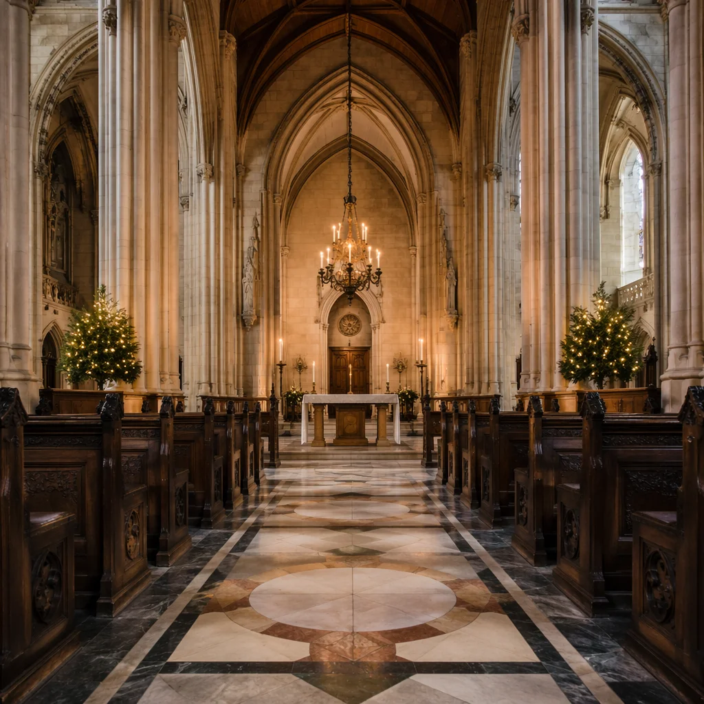 Gothic Church Aisle Toward Simple Altar