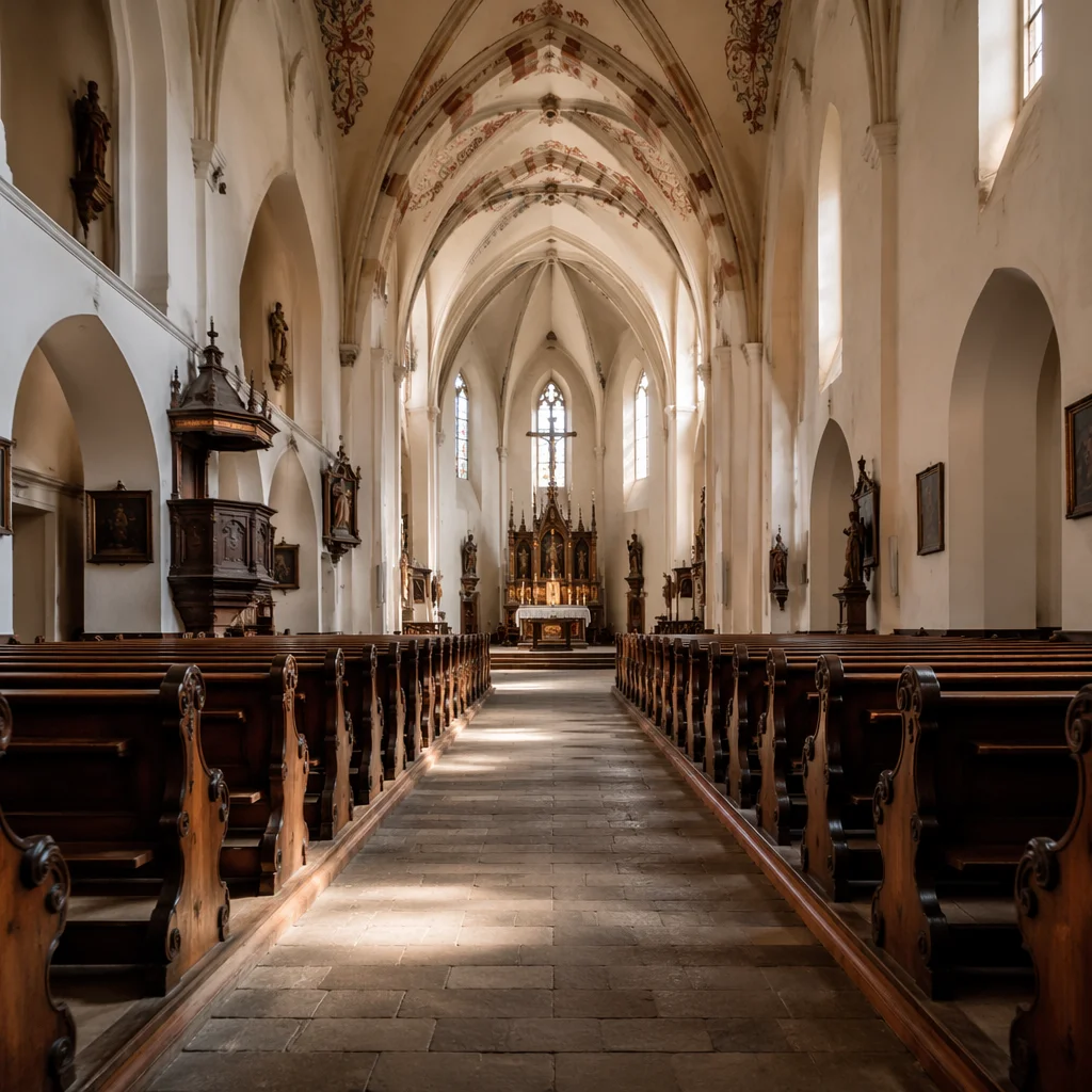 Historic Church Aisle Toward Glowing Altar