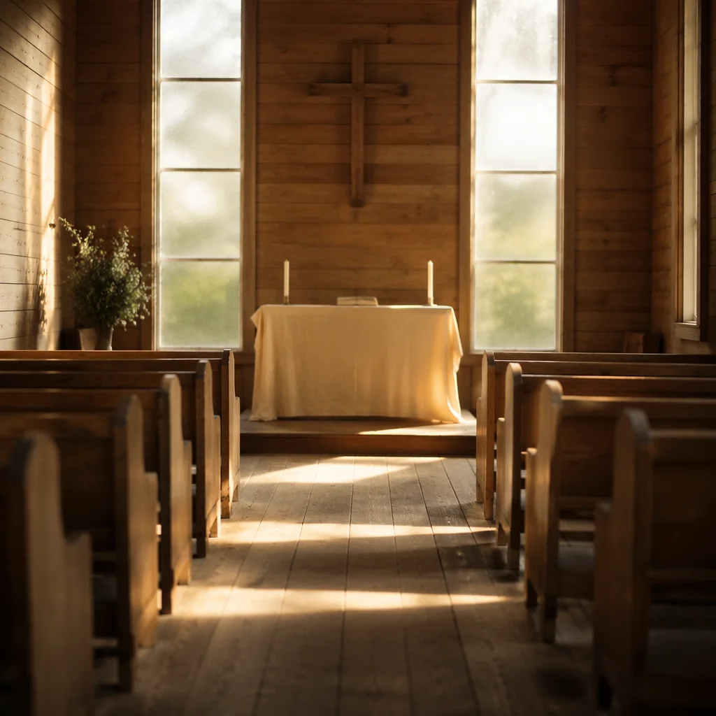 Quiet Chapel Aisle Toward Morning Altar