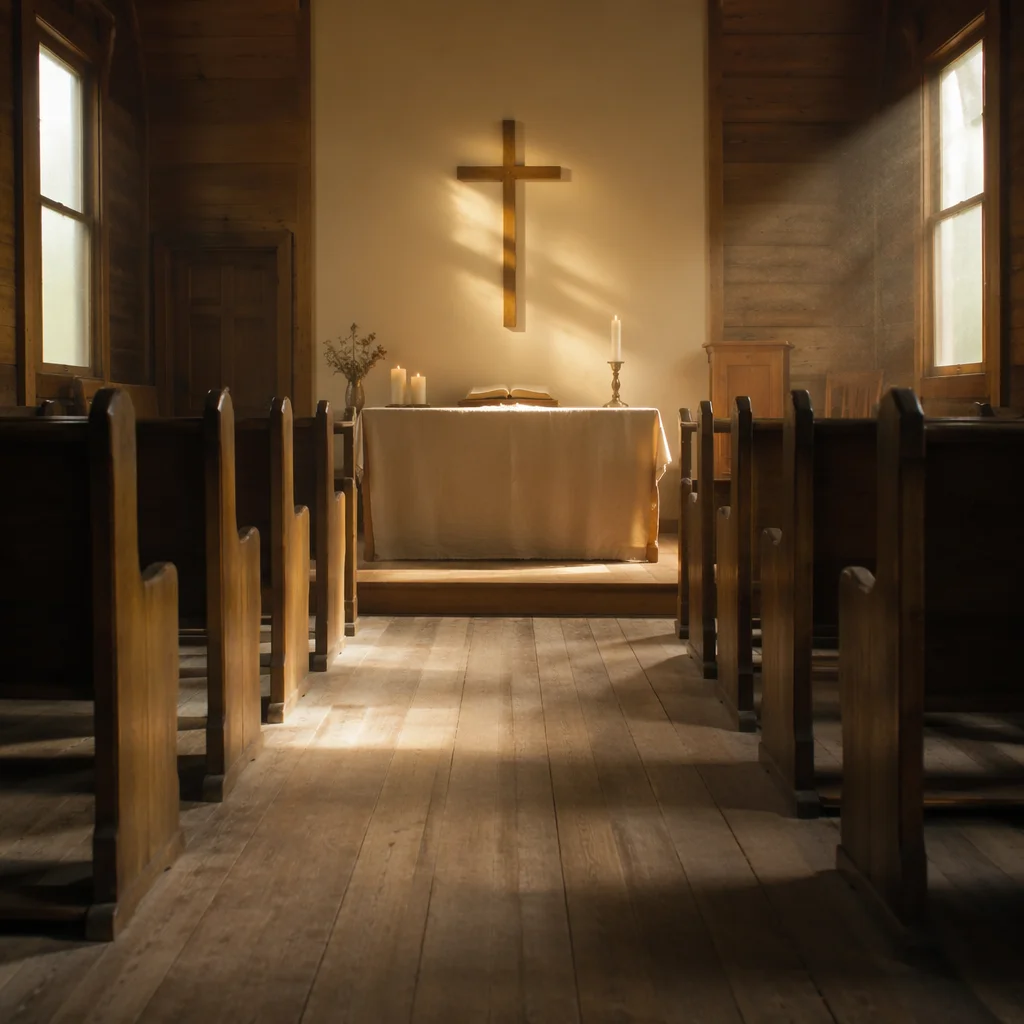 Quiet Church Aisle Toward Wooden Altar