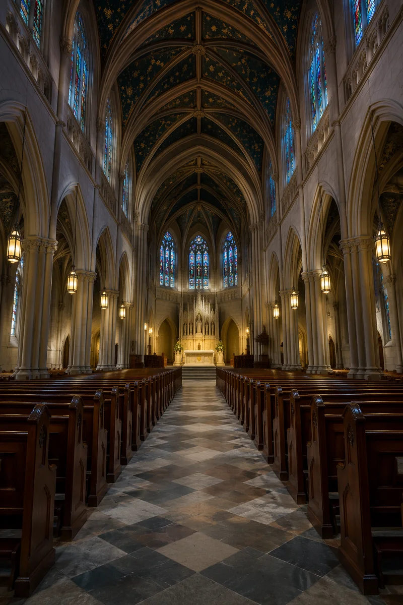 Historic Church Aisle Toward Illuminated Altar