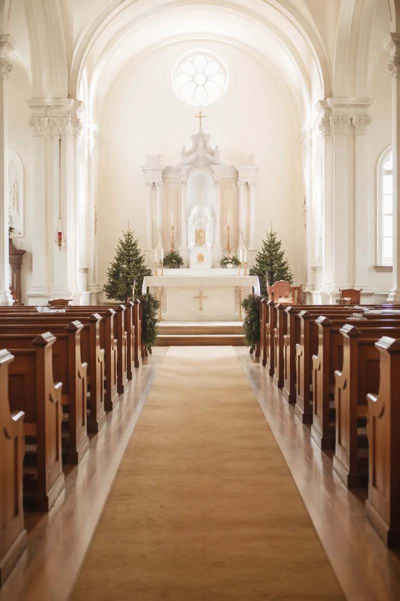 Serene Church Aisle Toward Bright Altar