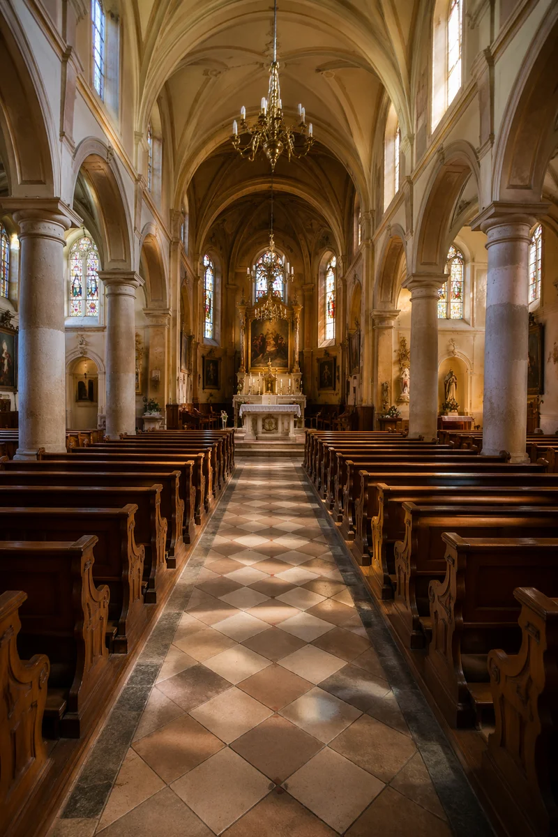 Historic Church Aisle Toward Softly Lit Altar