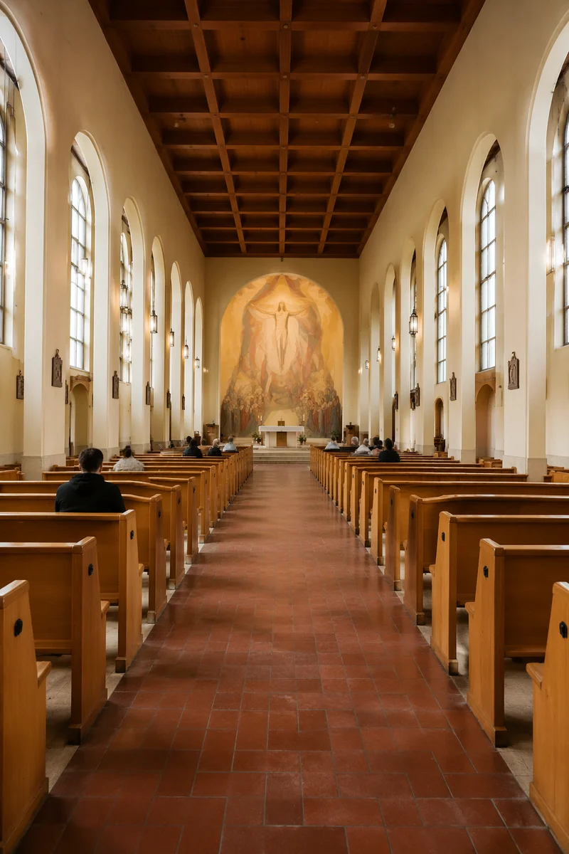 Modern Church Aisle Toward Serene Altar