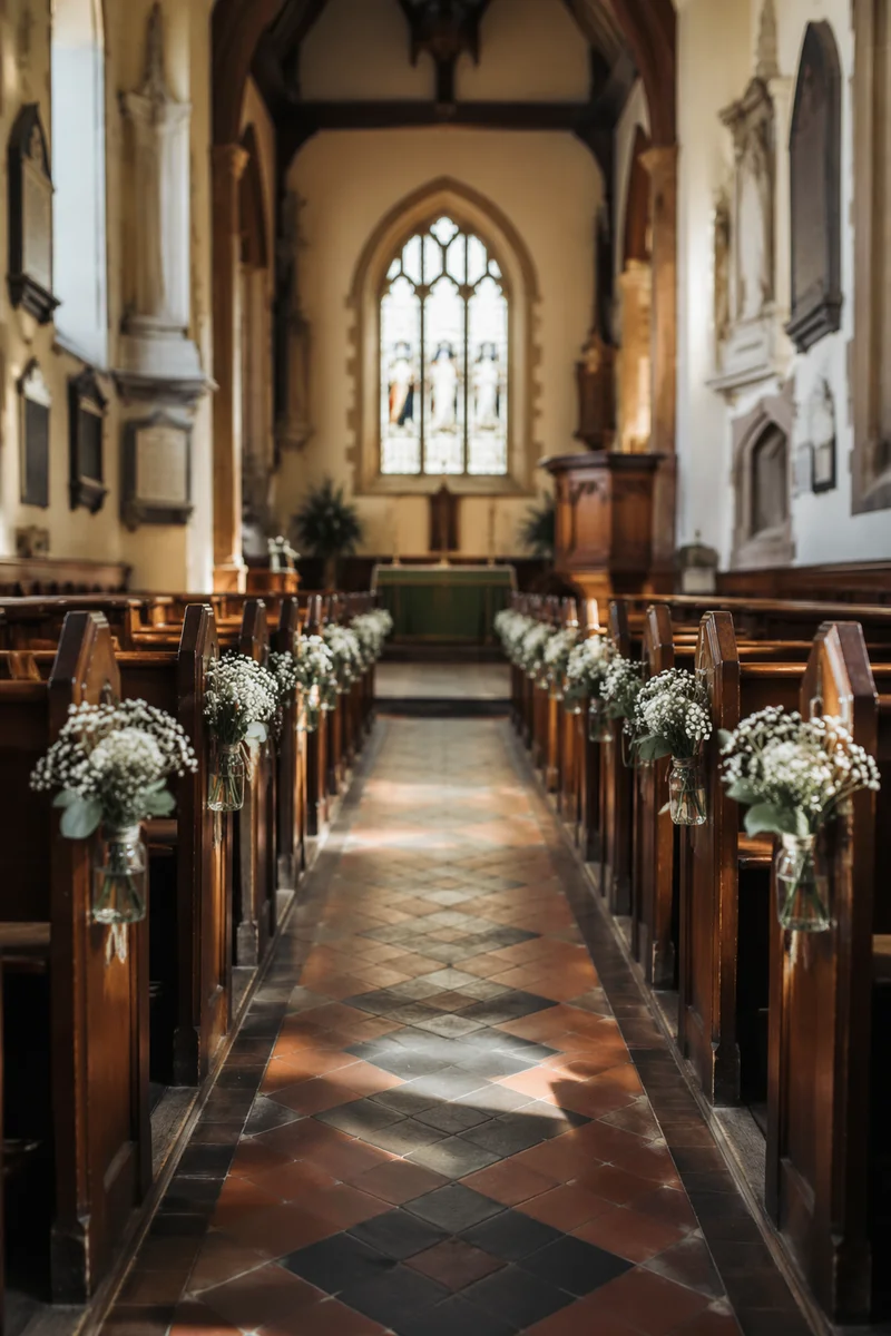 Historic Church Aisle Toward Softly Lit Altar