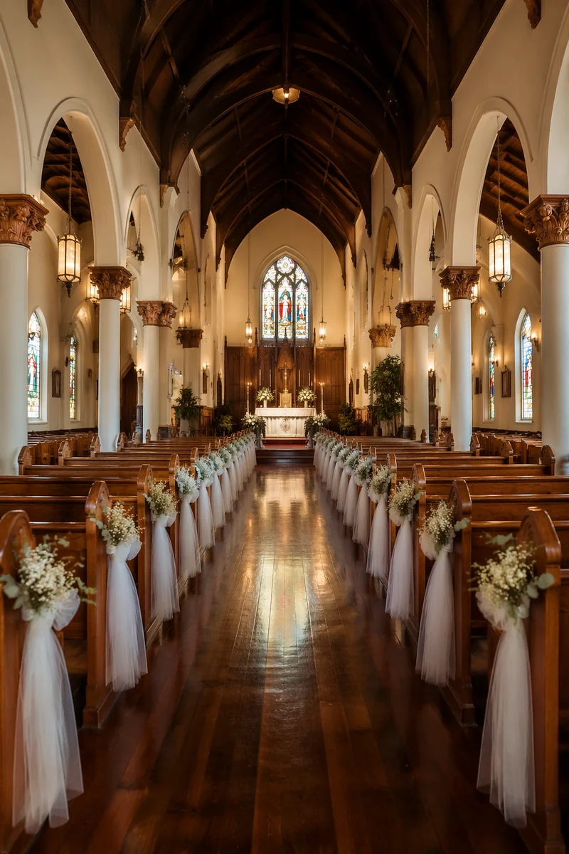 Elegant Church Aisle Leading to Softly Lit Altar