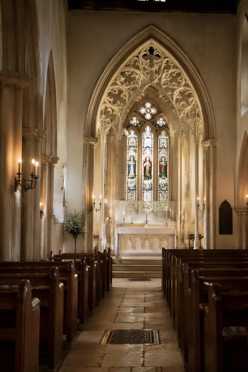 Historic Church Aisle Toward White Altar