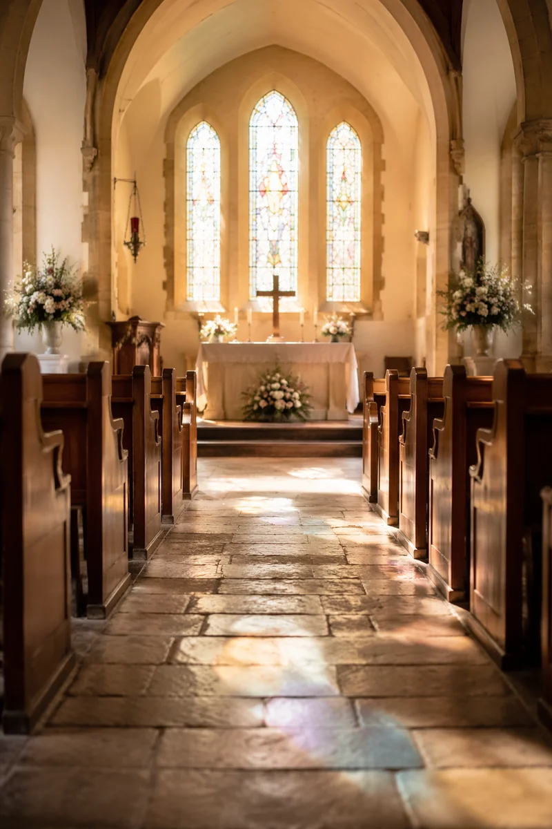 Peaceful Church Aisle Toward Altar