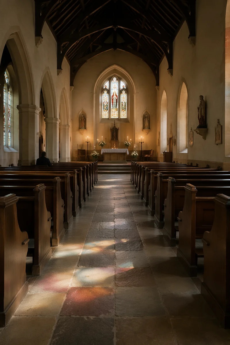 Quiet Church Aisle Toward Simple Altar