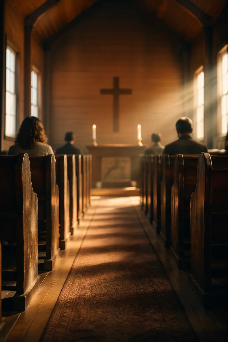 Quiet Chapel Aisle Toward Wooden Altar