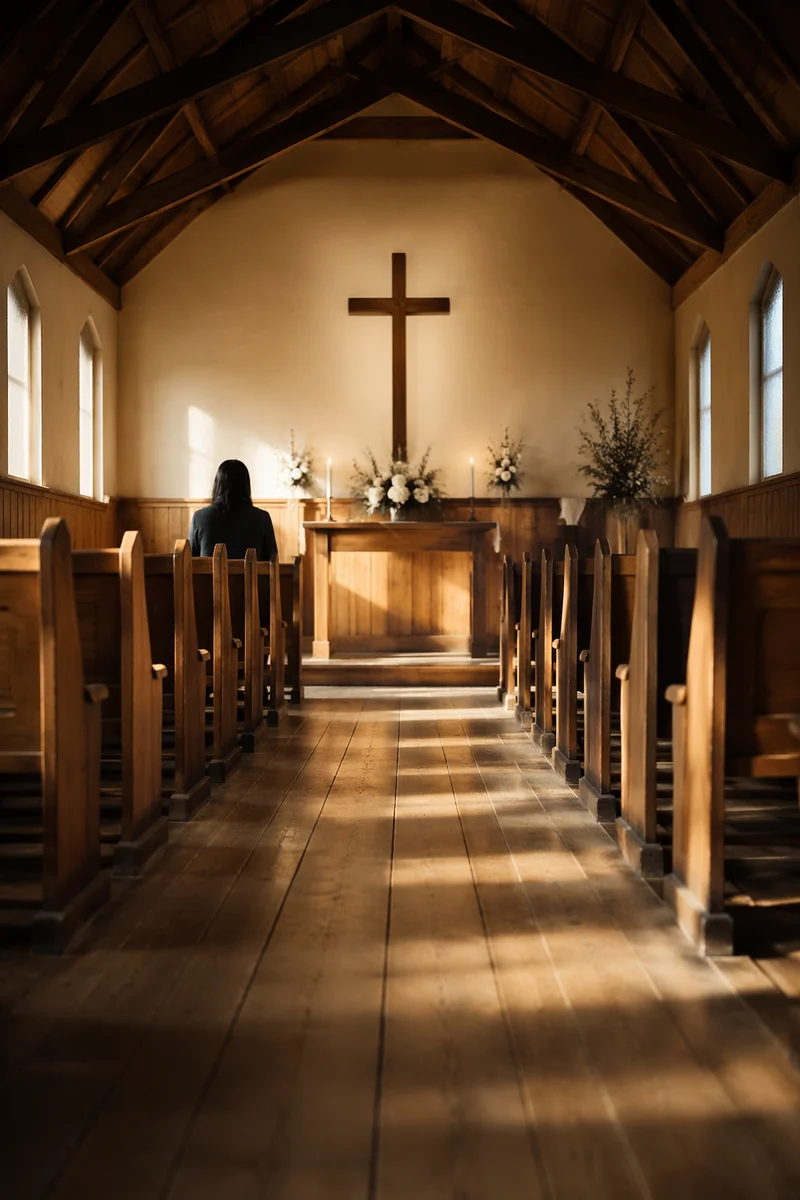 Quiet Chapel Aisle Toward Wooden Altar