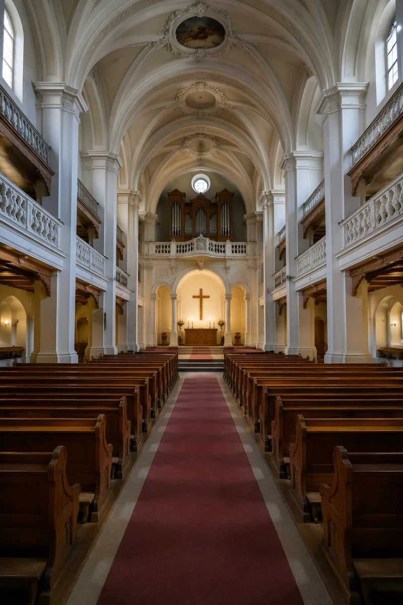 Historic Church Aisle Toward Candlelit Altar