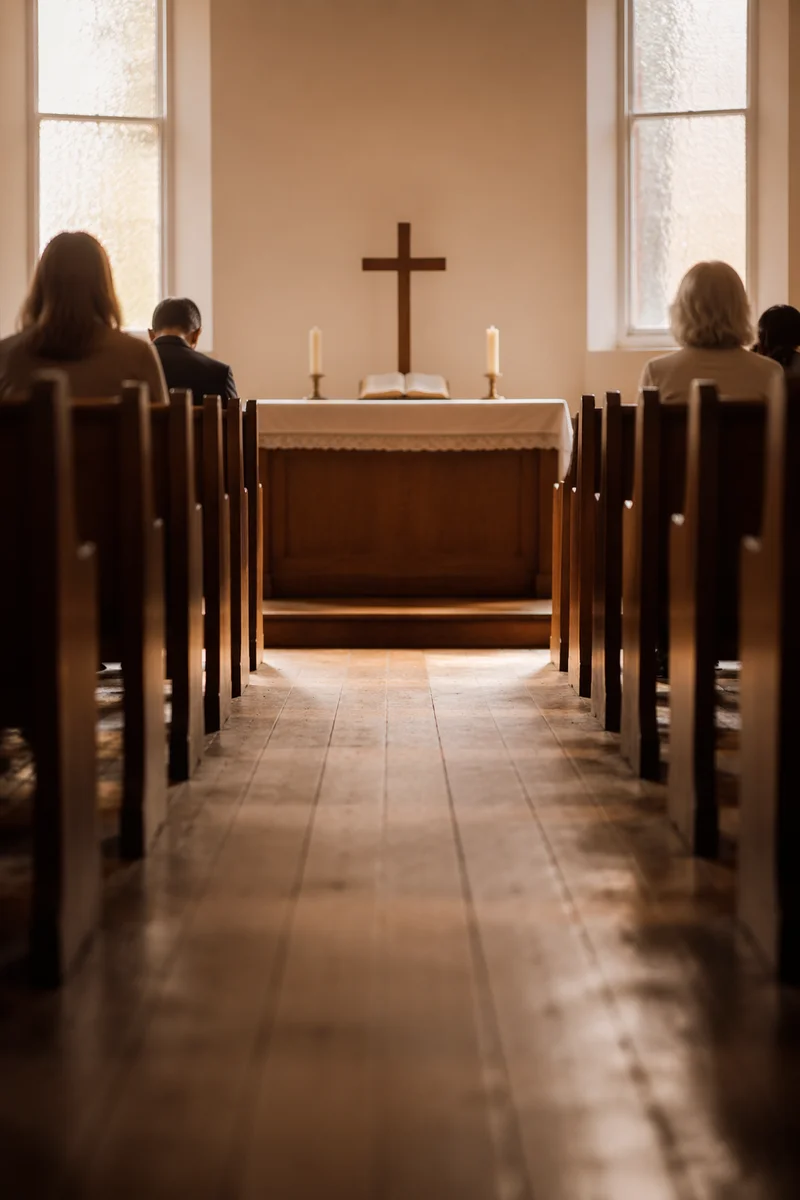 Quiet Church Aisle Toward Wooden Altar