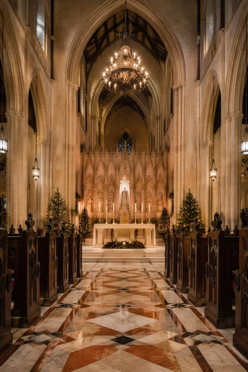 Gothic Church Aisle Toward Altar