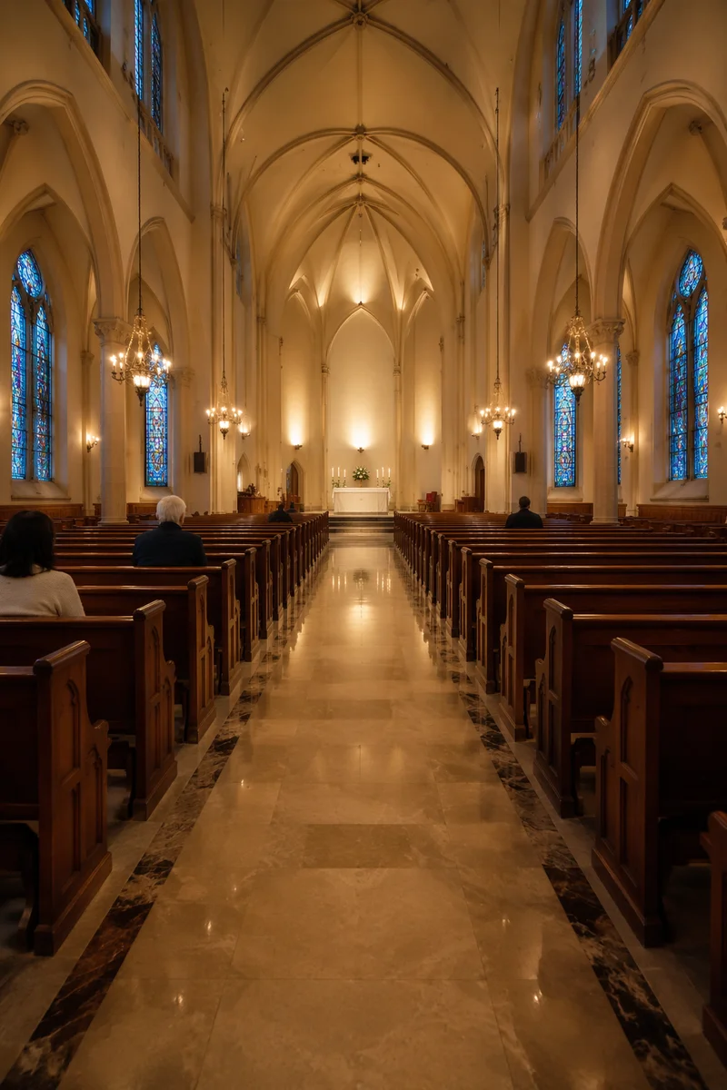 Peaceful Church Aisle Toward Candlelit Altar