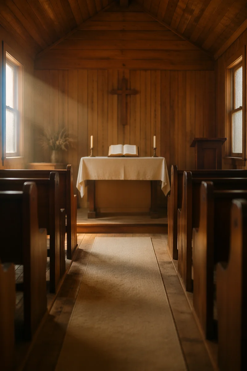 Sunlit Chapel Aisle Toward Simple Altar