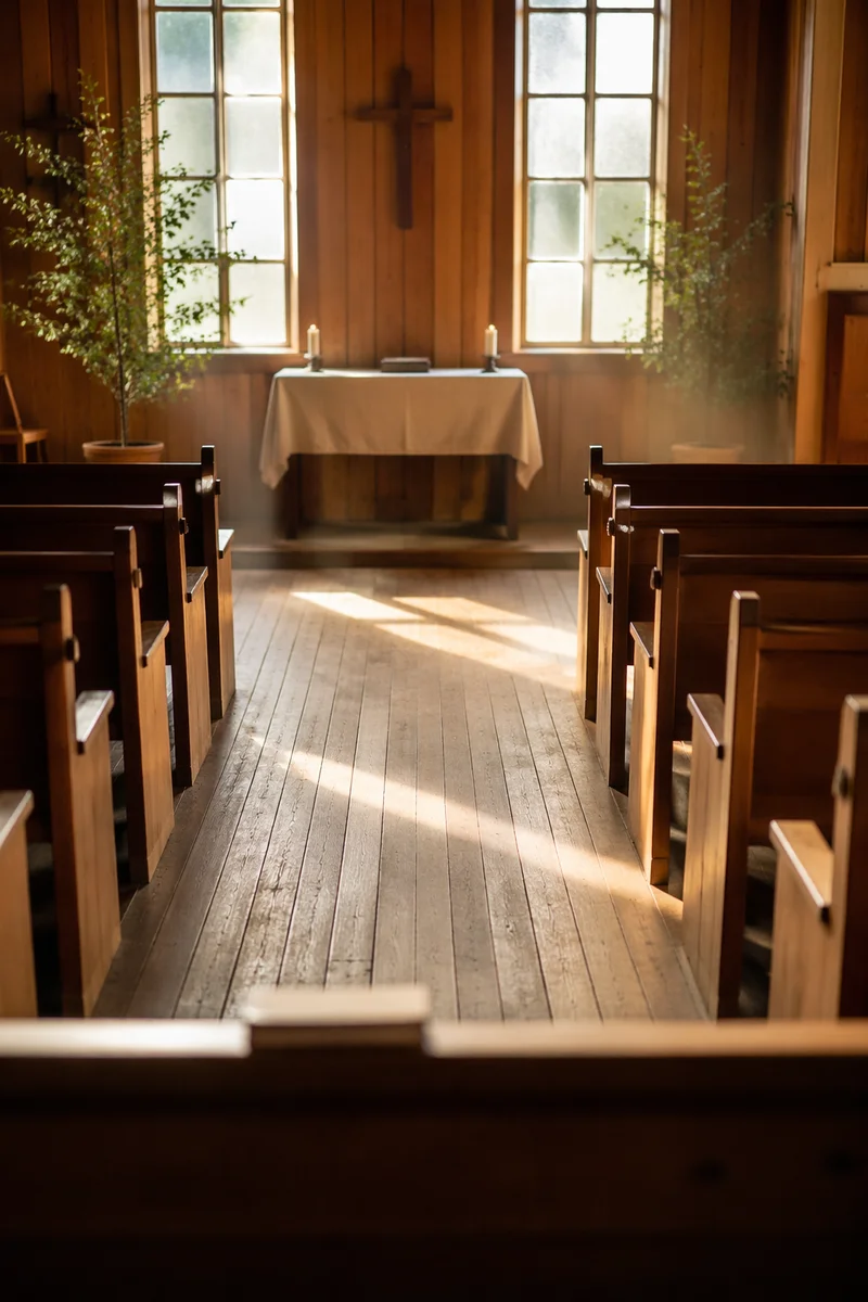 Sunlit Chapel Aisle Toward Modest Altar