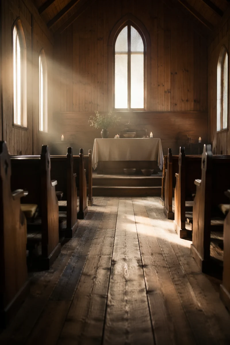 Sunlit Chapel Aisle Toward Simple Altar