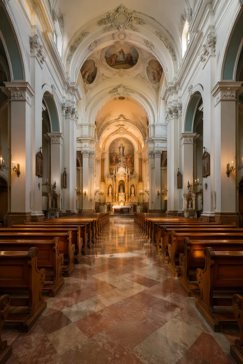 Historic Church Aisle Toward Glowing Altar