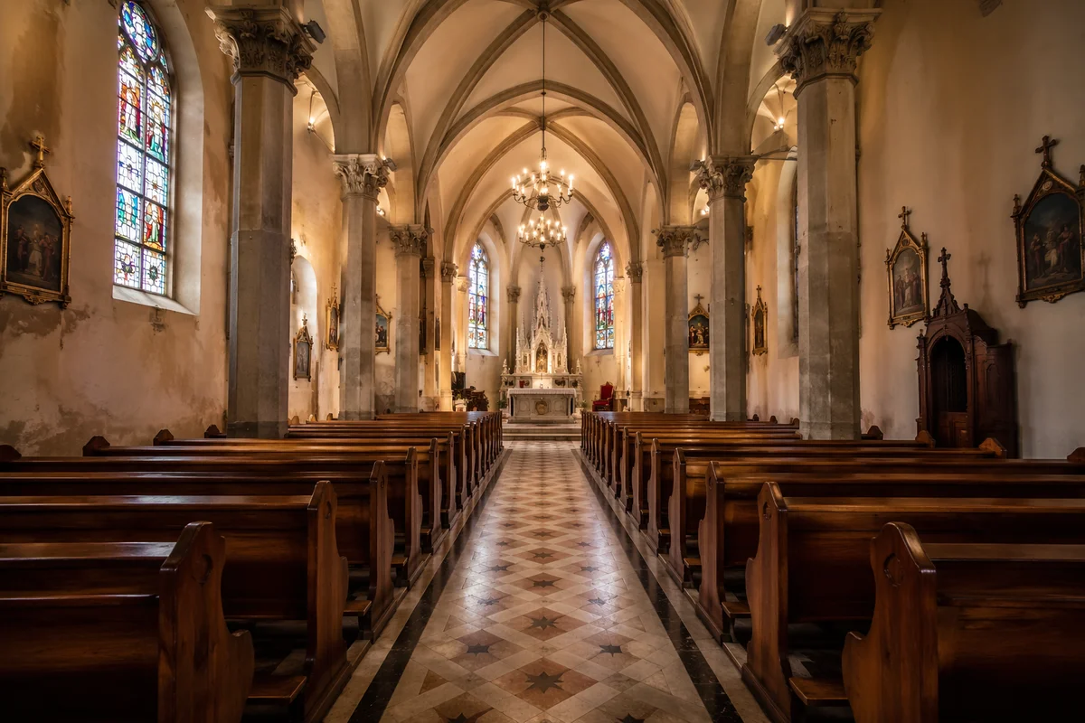 Historic Church Aisle Toward Softly Lit Altar