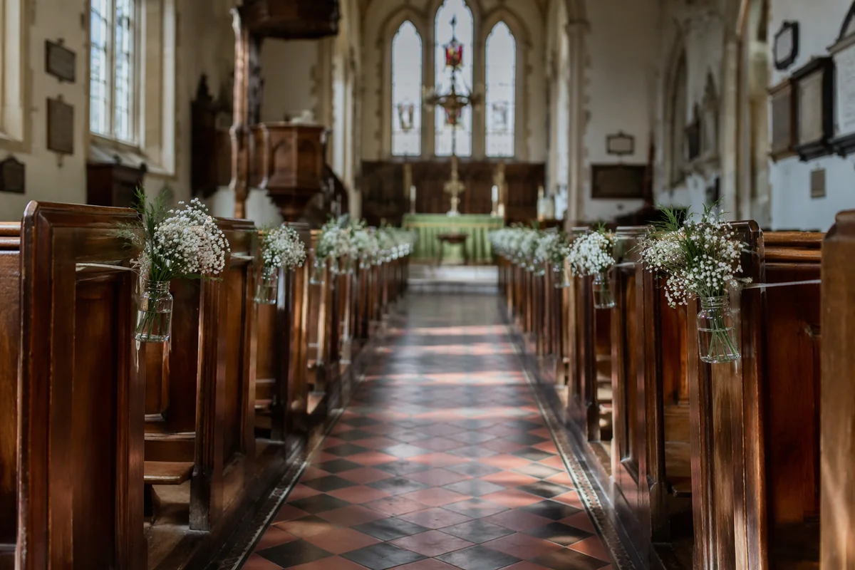 Historic Church Aisle Toward Softly Lit Altar