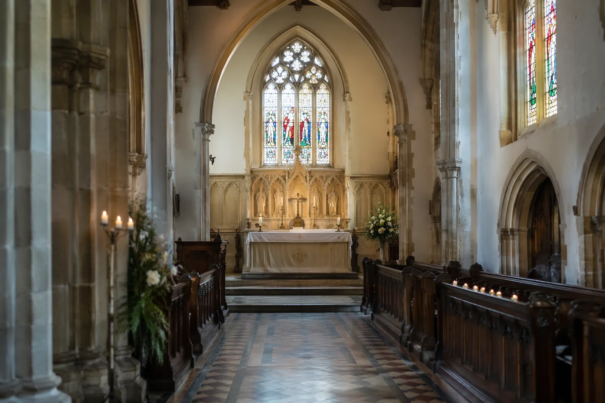 Historic Church Aisle Toward White Altar