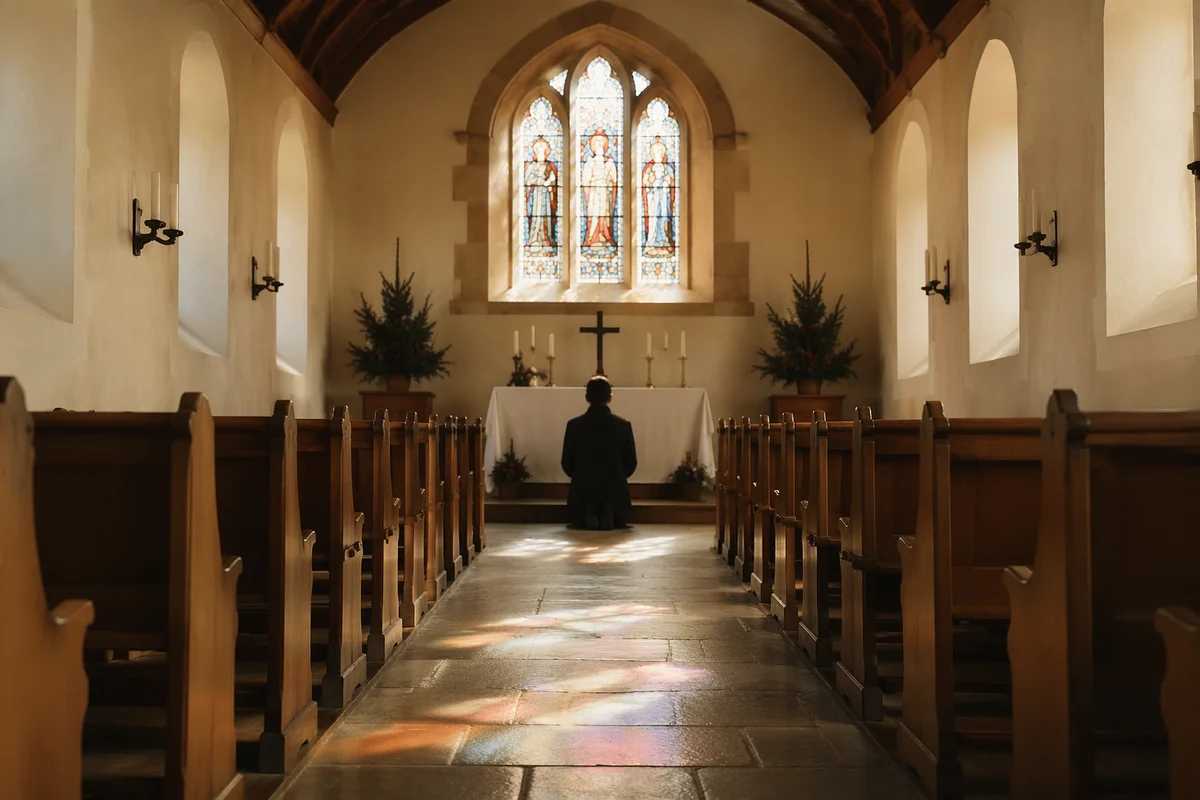 Quiet Church Aisle Toward Simple Altar