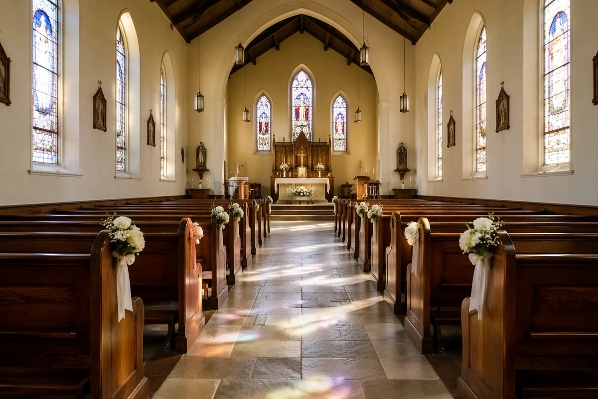 Peaceful Church Aisle Toward Softly Lit Altar