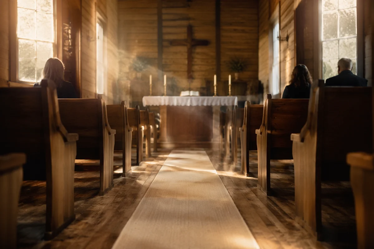 Sunlit Chapel Aisle Leading to Altar