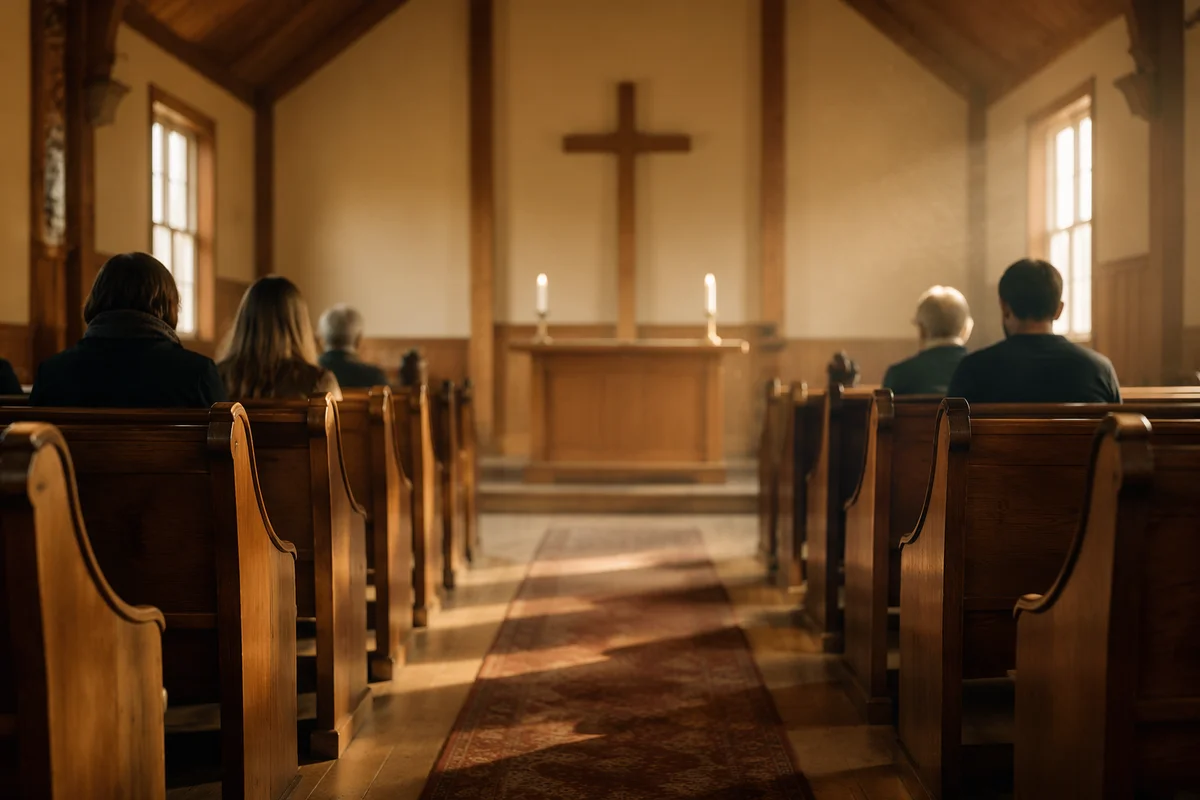 Quiet Chapel Aisle Leading to Wooden Altar