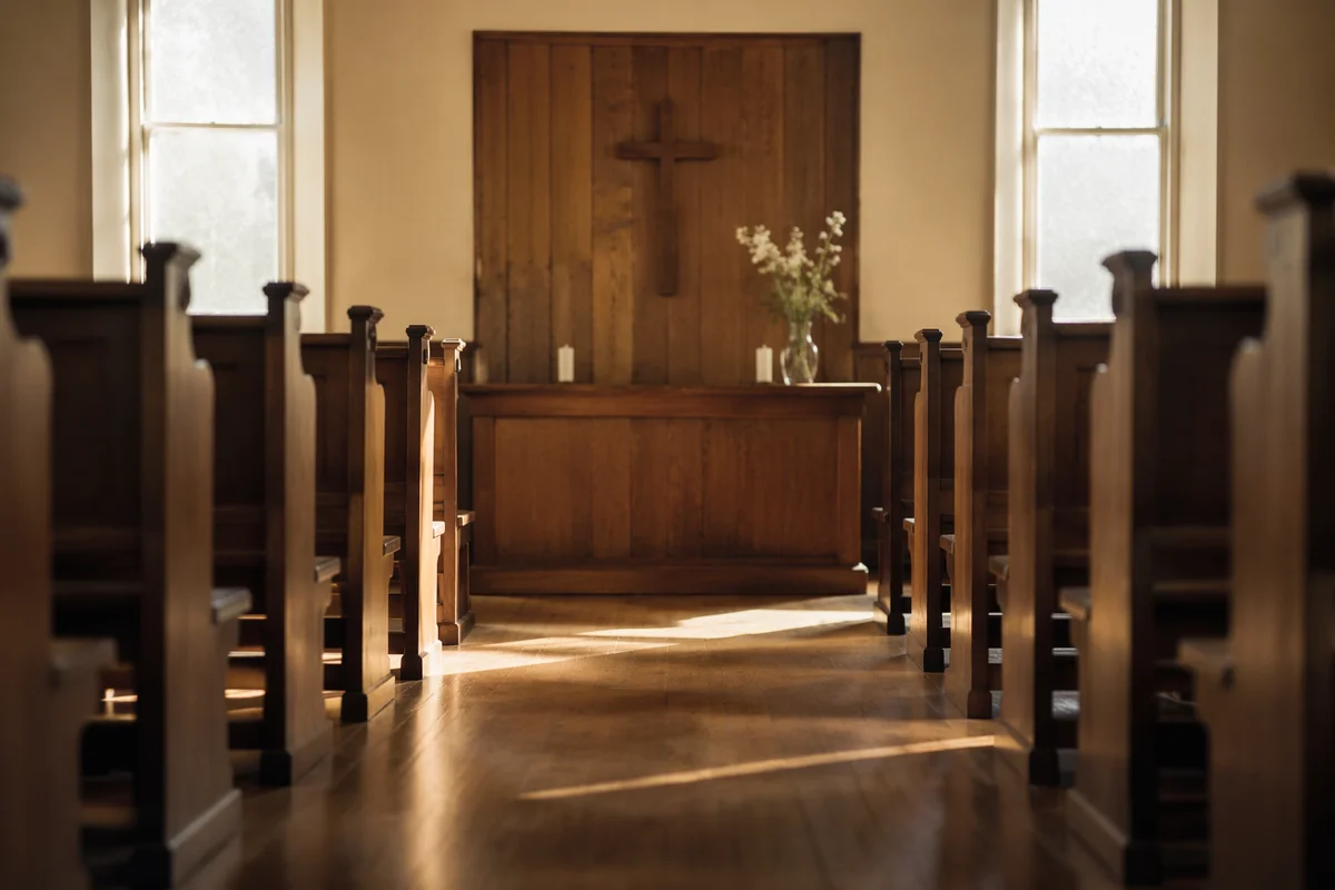 Quiet Church Aisle Toward Wooden Altar