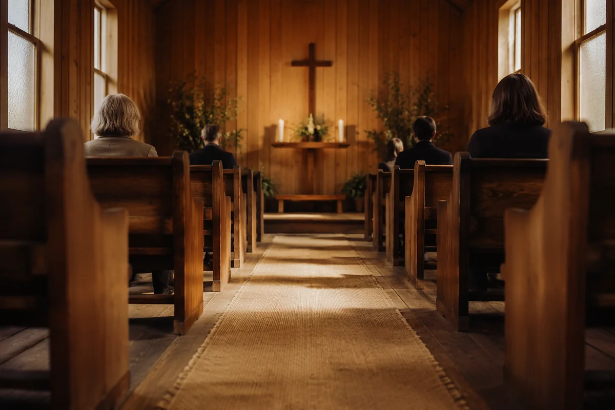 Peaceful Chapel Aisle Toward Wooden Altar