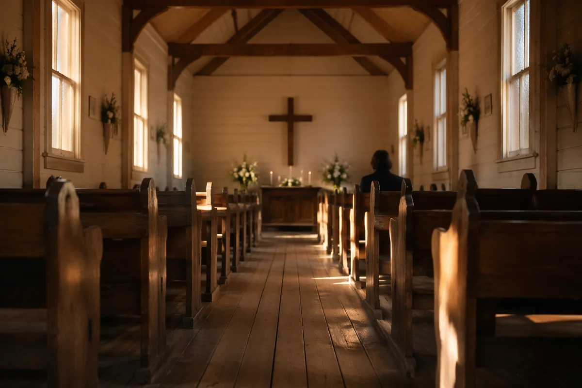 Peaceful Chapel Aisle Toward Wooden Altar