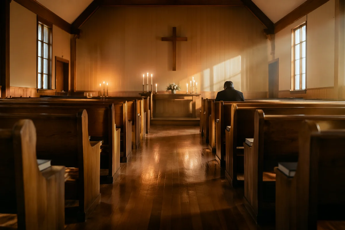 Quiet Chapel Aisle Toward Wooden Altar