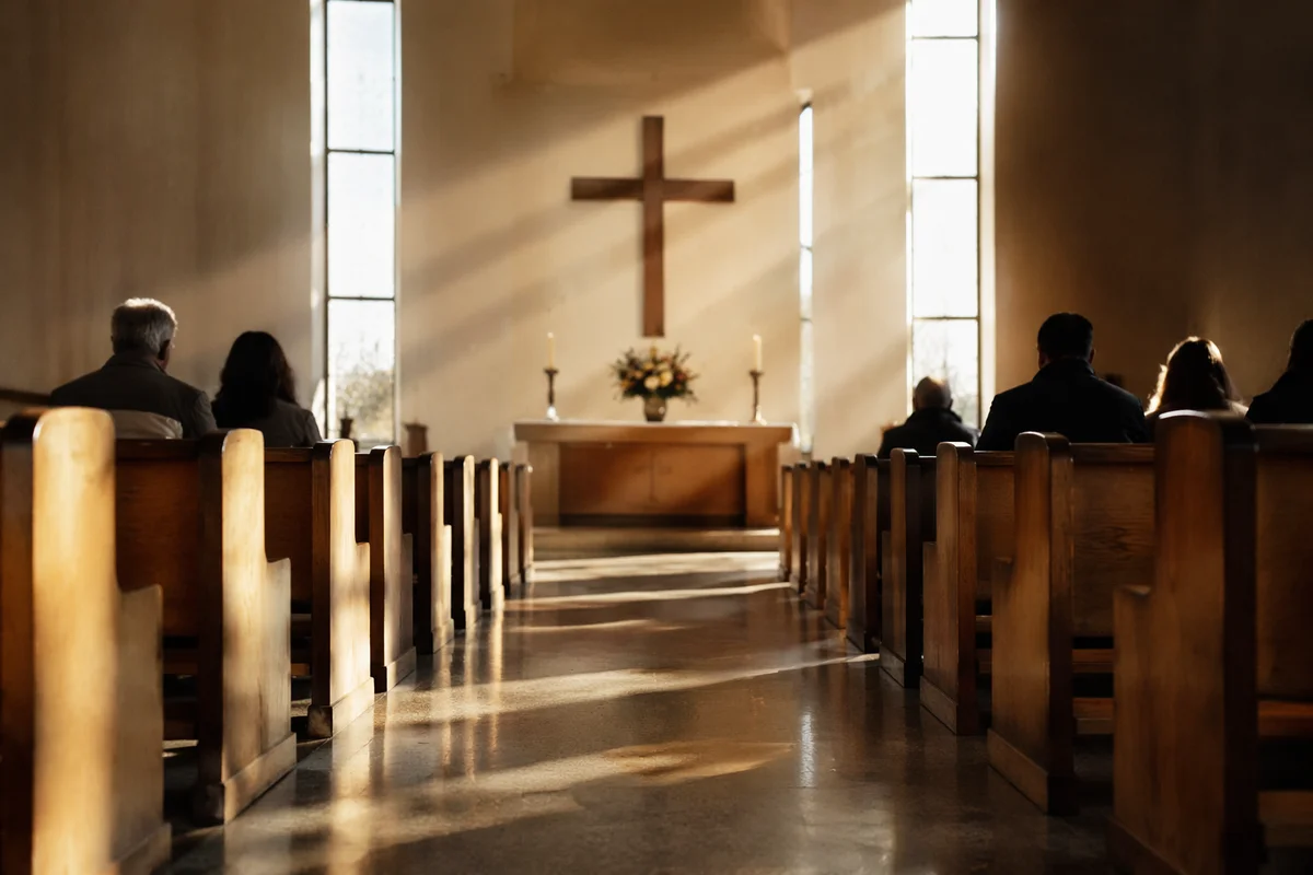 Quiet Church Aisle Toward Wooden Altar