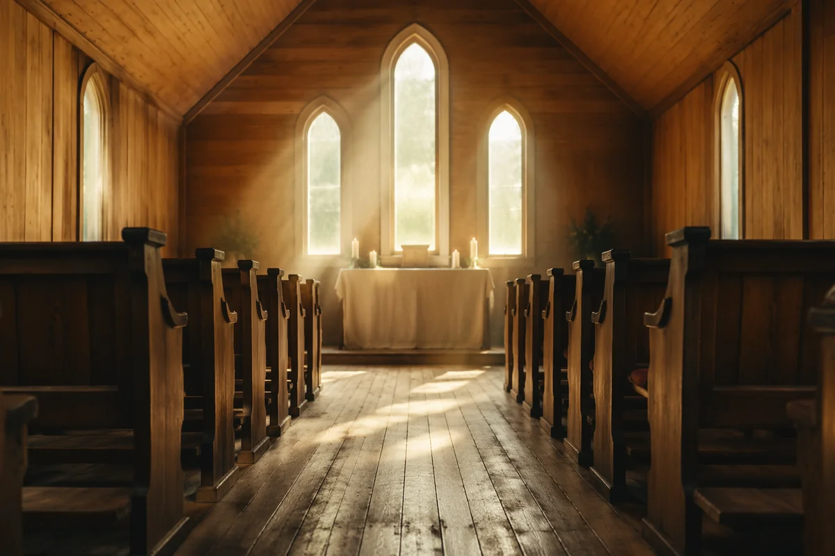 Sunlit Chapel Aisle Toward Simple Altar