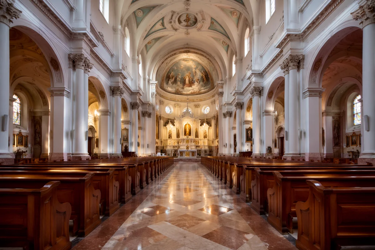 Grand Church Aisle Leading to Illuminated Altar