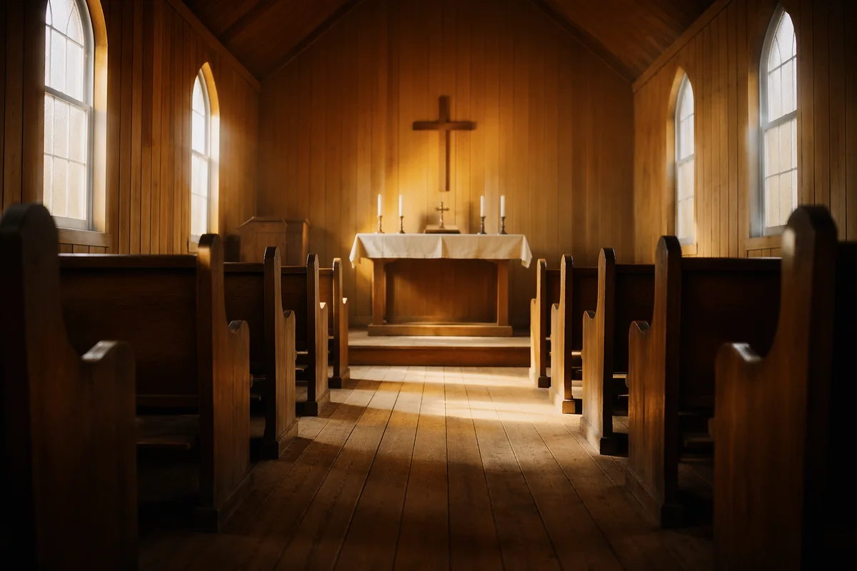 Quiet Church Aisle Toward Wooden Altar
