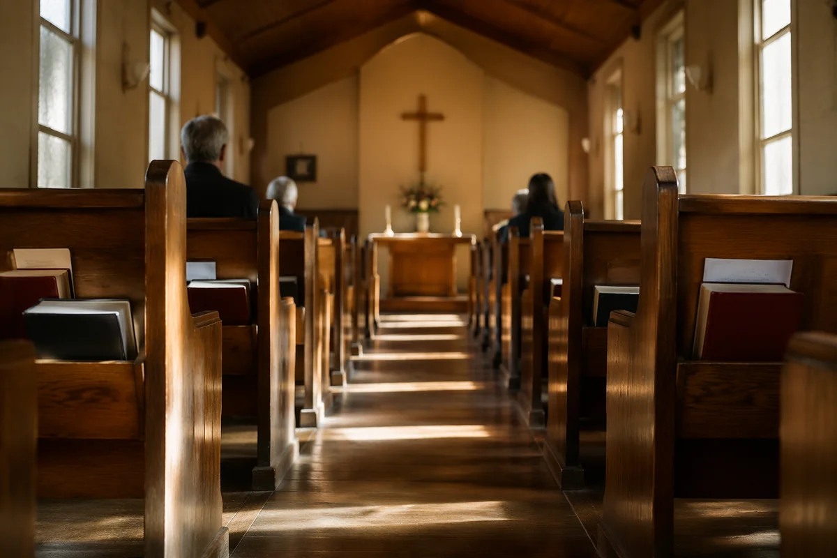 Quiet Chapel Aisle Toward Wooden Altar