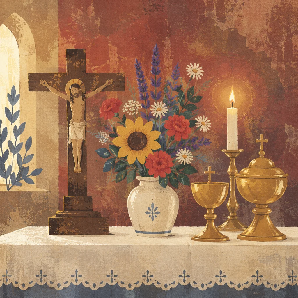 Quiet Church Altar with Flowers and Candle
